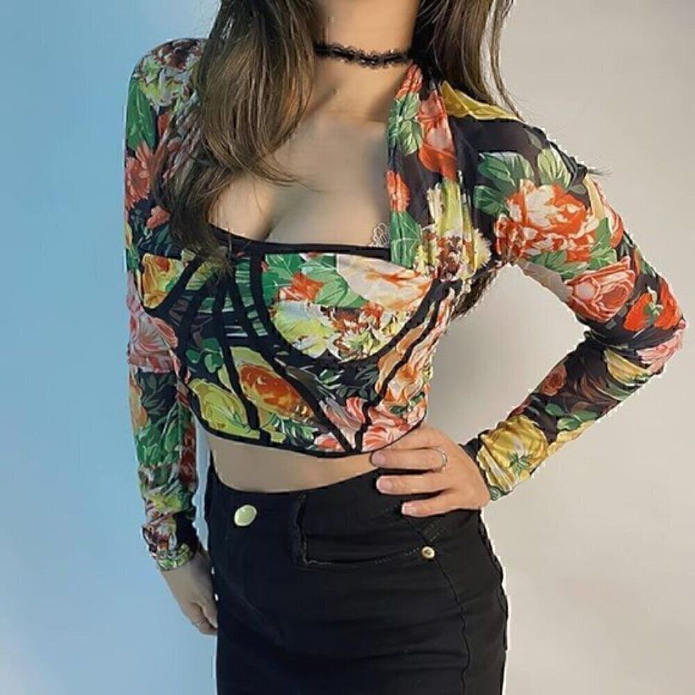 Floral Long Sleeve Corset Sweetheart Bodycon Mesh Crop Top Ruched Bustier L - Picture 3 of 6
